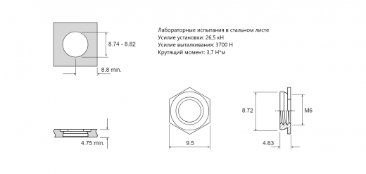 Резьбовая запрессовочная гайка F Сталь нержавеющая M6 F-M6-5 для металла толщиной 4,75 мм
