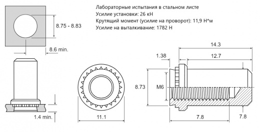Резьбовая запрессовочная гайка BS Сталь нержавеющая M6 BS-M6-1