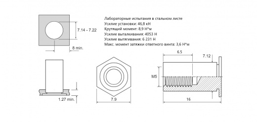Втулка запрессовочная BSO4 не проходная Сталь нержавеющая А4 M5x16 BSO4-M5-16