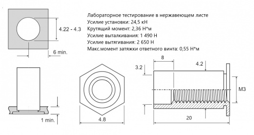 Втулка запрессовочная SO4 полно проходная Сталь нержавеющая А4 M3x20 SO4-M3-20