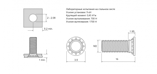 Резьбовая запрессовочная шпилька FH Сталь оцинкованная M2x16 FH-M2-16