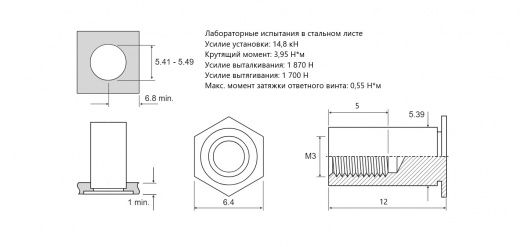 Втулка запрессовочная BSO не проходная Сталь оцинкованная M3x12 BSO-3,5M3-12