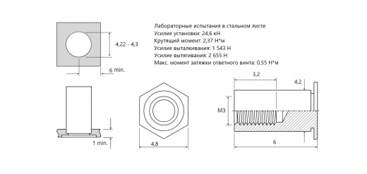 Втулка запрессовочная BSO4 не проходная Сталь нержавеющая А4 M3x6 BSO4-M3-6