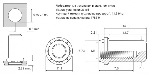 Резьбовая запрессовочная гайка BS Сталь нержавеющая M6 BS-M6-2