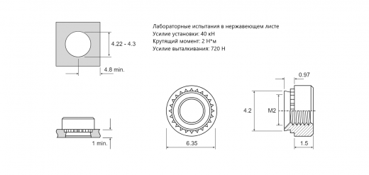 Резьбовая запрессовочная гайка SP4 Сталь нержавеющая A4 M2 SP4-M2-1