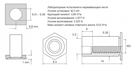 Втулка запрессовочная SO4 полно проходная Сталь нержавеющая А4 M3x16 SO4-3,5M3-16
