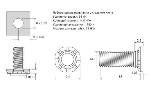 Резьбовая запрессовочная шпилька HFH M6x35 HFH-M6-35 СТАЛЬ ОЦИНКОВАННАЯ